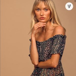 Neva Navy Blue Floral Print Off-the-Shoulder Maxi Dress